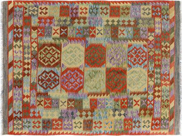 Flat Weave Kilim, Antique, Navaho, Vintage, Handmade, Geometric Kilim Blue Gray Hand-Woven Rectangle 100% Wool Area Rug 5 x 7